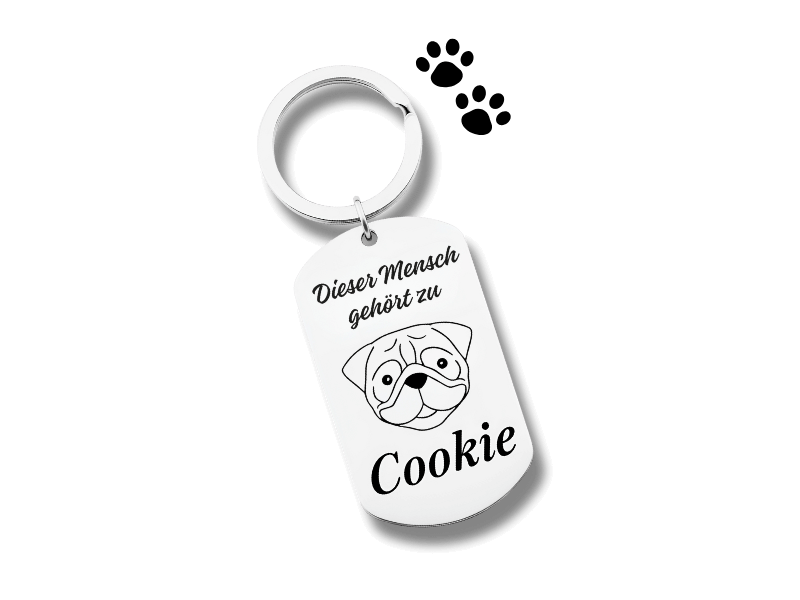 personalisierter silberner hundemarken anhänger mit mops gesicht illustration und graviertem text